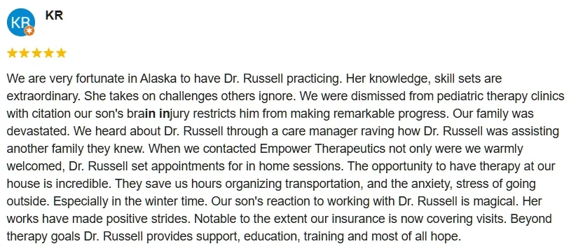 5-star Google review from KR praising Empower Therapeutics.